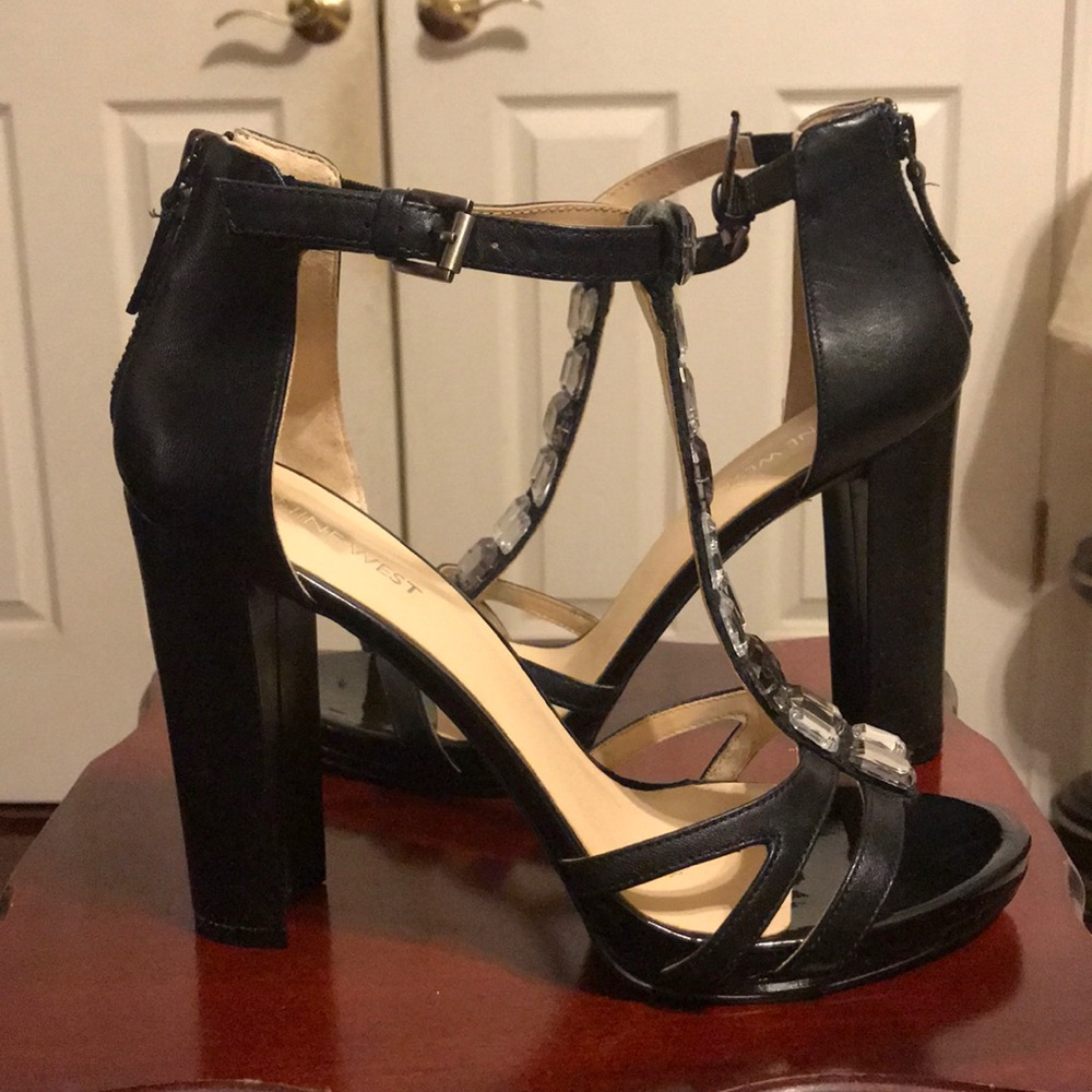 Black Open Toe Jeweled Heels